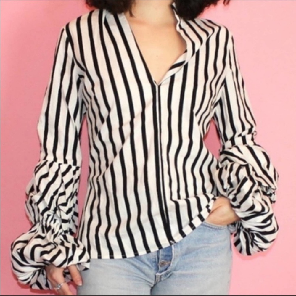 New GREYSN Women’s Blouse Striped‎ Puff Long Sleeves Small Black White Balloon